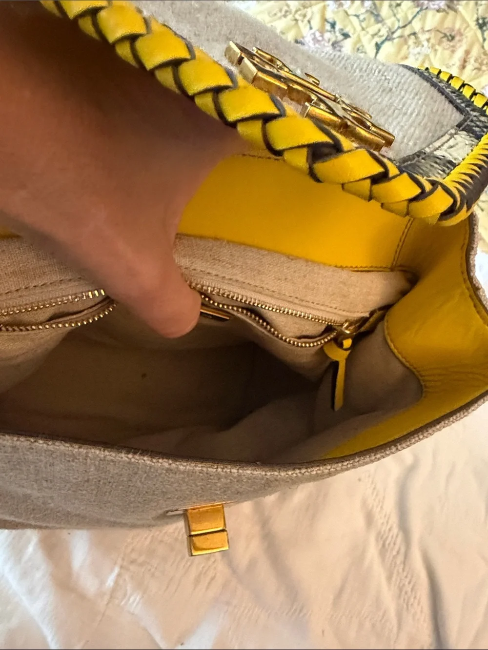 Tory Burch Beige Canvas Mini Backpack with Yellow Trim
